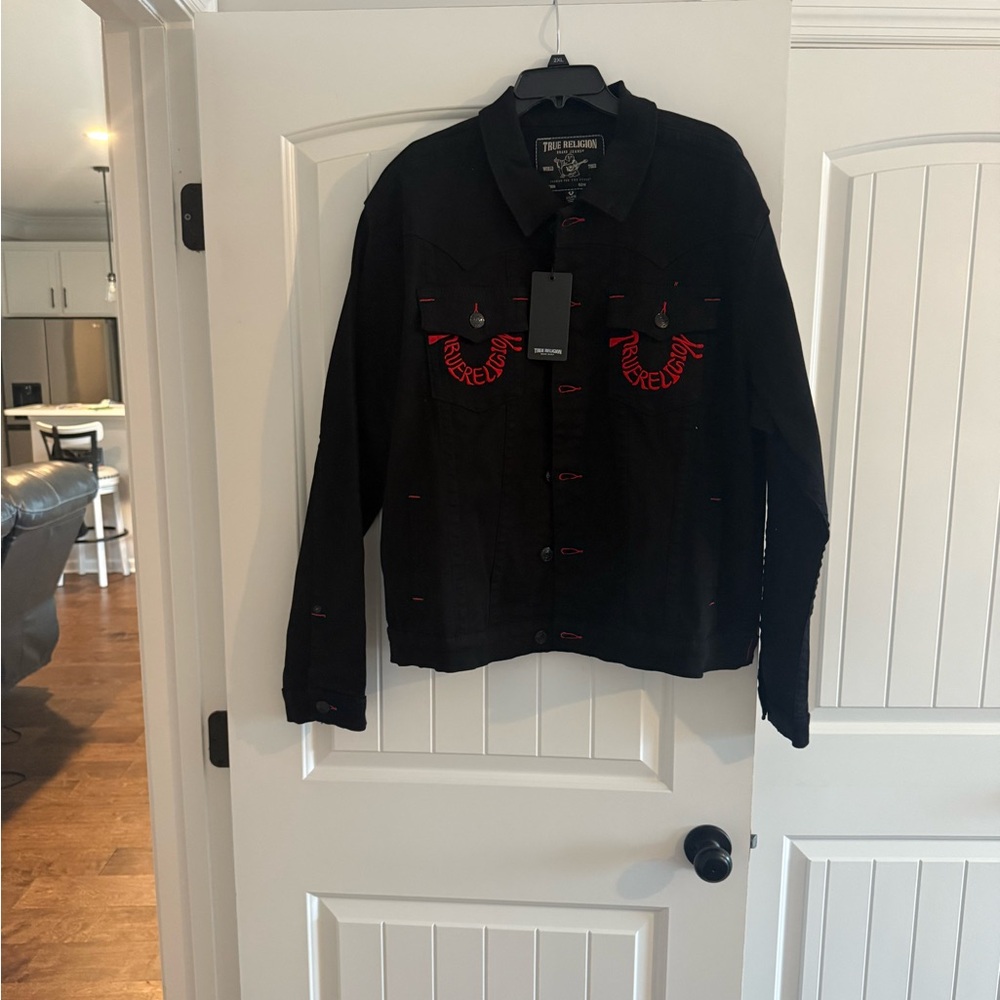 Black Denim Jacket with Red Accents